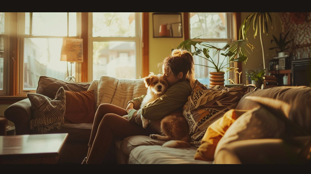 A cozy living room with a woman sitting on a couch, holding a newly adopted dog. The room is warmly lit with homely decor, emphasizing the happiness and comfort of bringing a new pet home. The image has a natural, candid feel, as if taken with an iPhone.